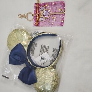 Disney Gold Sequin Minnie Mouse Ears with Blue Bow and Rose Gold Keychain